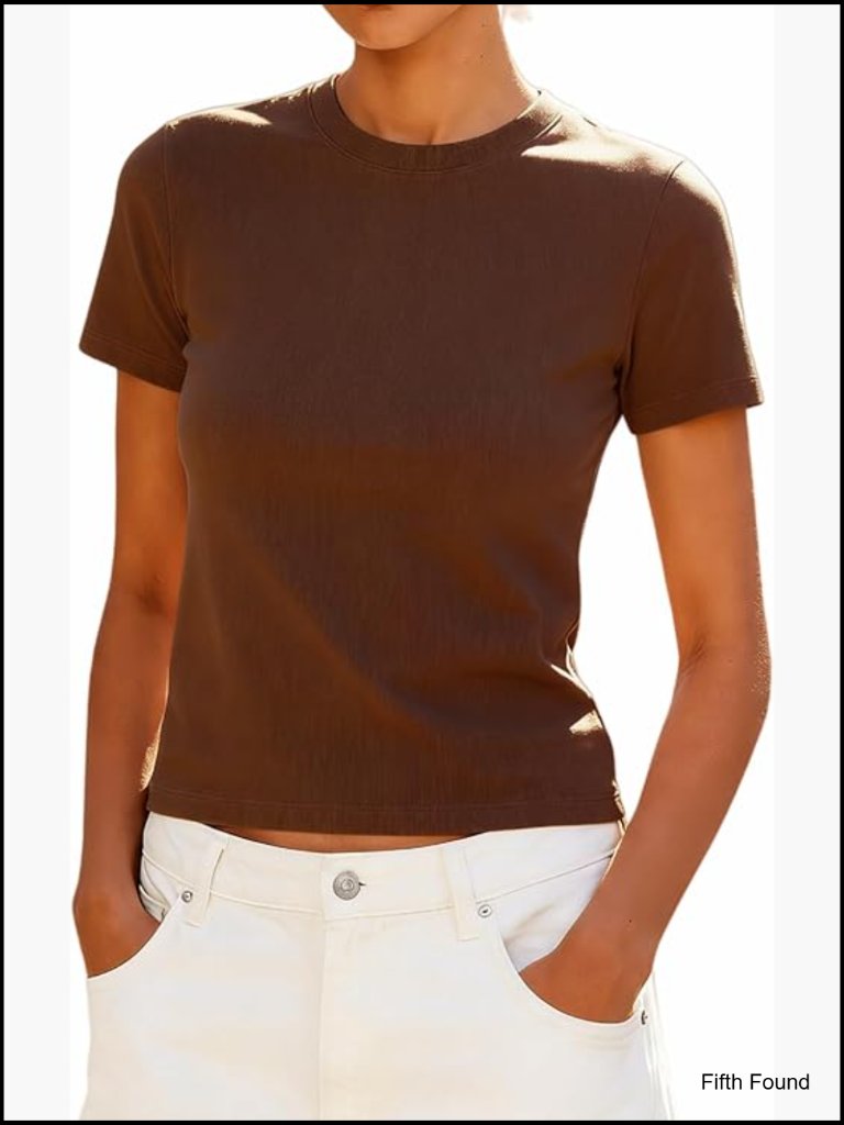 Cotton Blend Fitted Crop Top Short Sleeve Crew Neck Tee Summer Casual